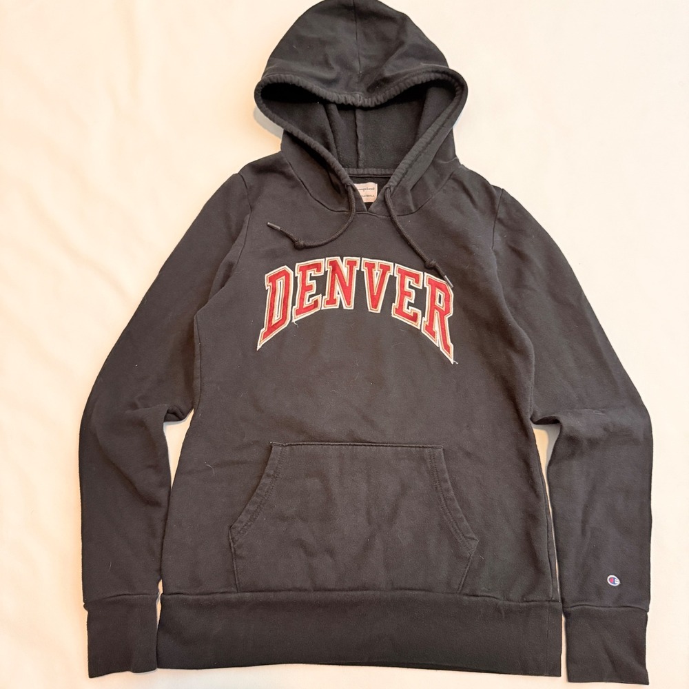Champion Hoodie Women Small Black Denver Graphic Pullover Fleece Sweatshirt
